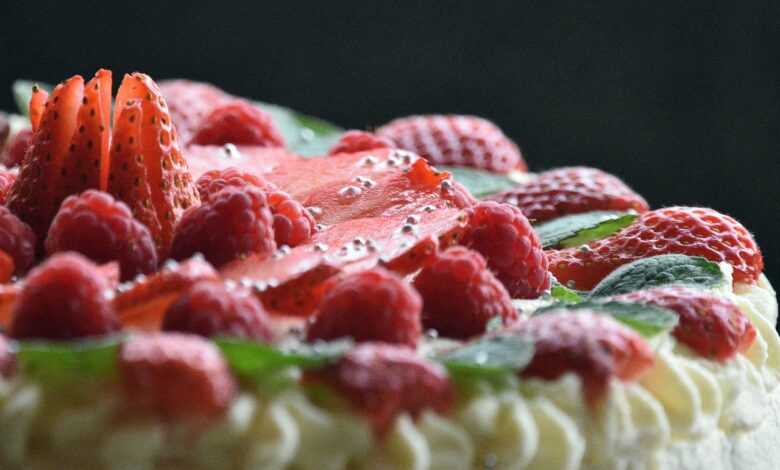 cake, strawberries, happy birthday