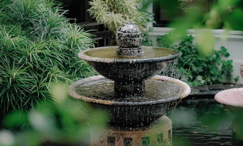 fountain, splash, flow, water, wet, nature, garden