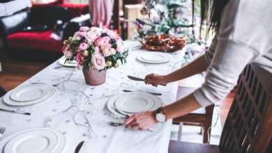 table setting, flower background, table