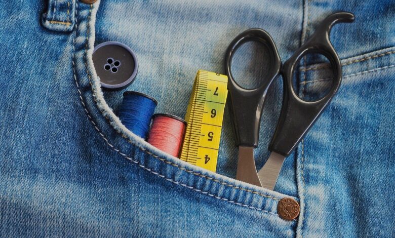 jeans, sewing supplies, sew, yarn, scissors, tape measure, handwork, tools, tools, tools, tools, tools, tools