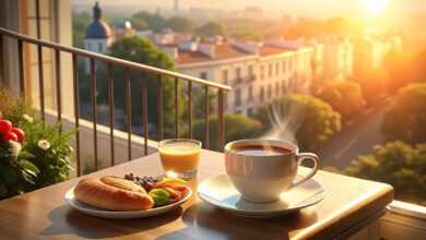ai generated, coffee, breakfast, balcony, sunshine, cozy, morning, fruits