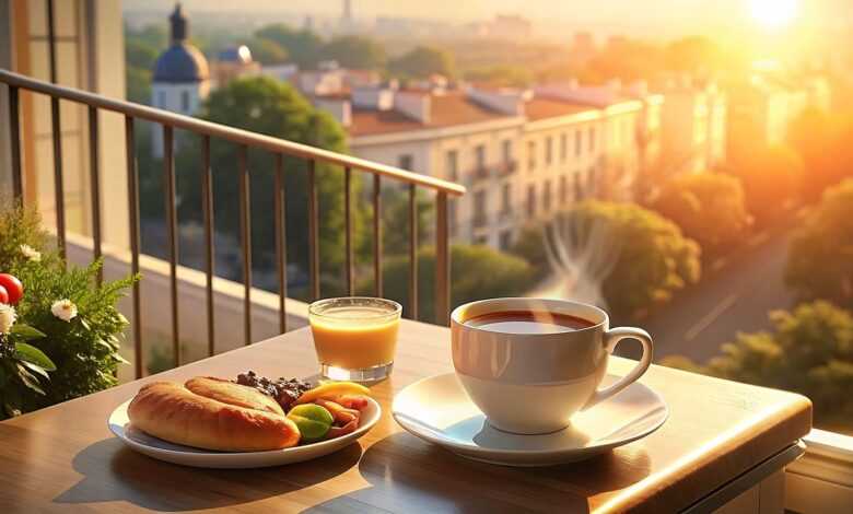 ai generated, coffee, breakfast, balcony, sunshine, cozy, morning, fruits