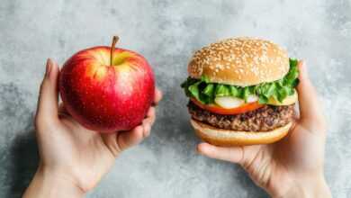 ai generated, food choice, healthy food, apple, hamburger, healthy, food, unhealthy, fast food, choice, fruit, unhealthy choice, processed food