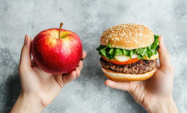ai generated, food choice, healthy food, apple, hamburger, healthy, food, unhealthy, fast food, choice, fruit, unhealthy choice, processed food