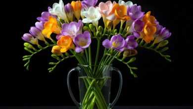 freesia, bouquet, flowers, nature, flora, vase, decoration, plants, ai generated