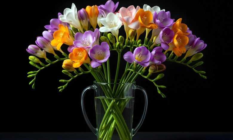 freesia, bouquet, flowers, nature, flora, vase, decoration, plants, ai generated