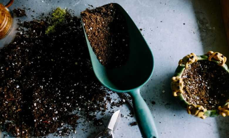 green metal garden shovel filled with brown soil