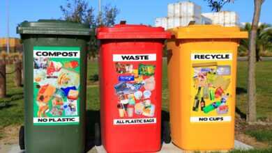 red yellow and green trash bins