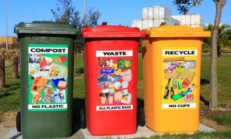 red yellow and green trash bins