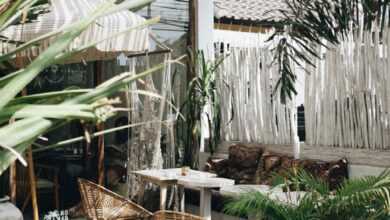 white table with brown wicker chair beside plants