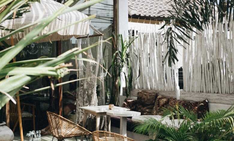 white table with brown wicker chair beside plants