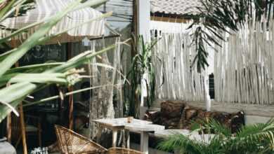 white table with brown wicker chair beside plants