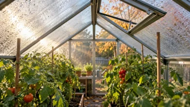 Краплі конденсату на покритті теплиці з томатами та відкритою кватиркою