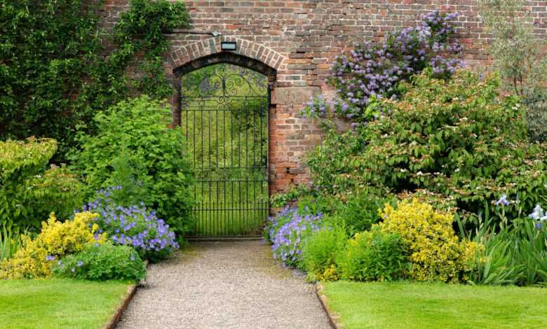 a garden with a brick wall and a gate