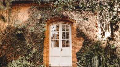 brown brick house with green plants