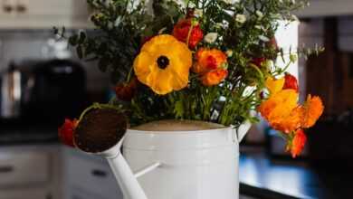 a white watering can filled with flowers on a kitchen counter