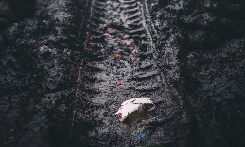 a tire track with a piece of paper on it